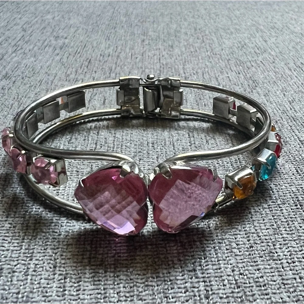 Vintage Silver Tone Hinged Cuff Bracelet Pink Heart & Multicolor Rhinestones